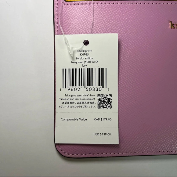 NWT Kate Spade Lucy Lavender Pink & Yellow Leather L-Zip Wristlet KH765 Wallet - Picture 8 of 11